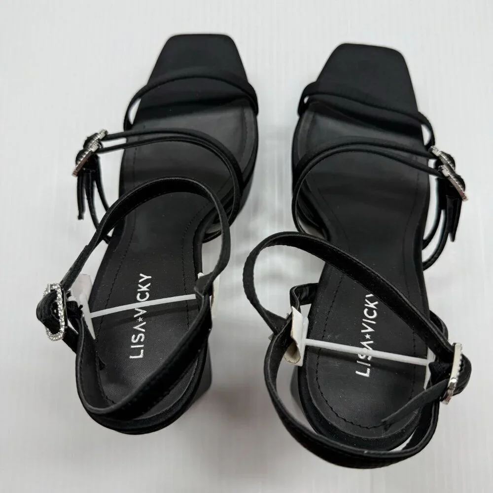 Lisa Vicky Babe-V Heels 9.5 Black Satin Strappy Platform Sandals Chunky Heel NIB